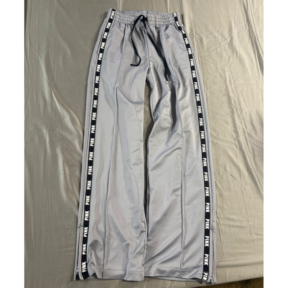 Pink Victorias Secret Active Silver Gray Wide Leg Track Pants Logo Tape Small